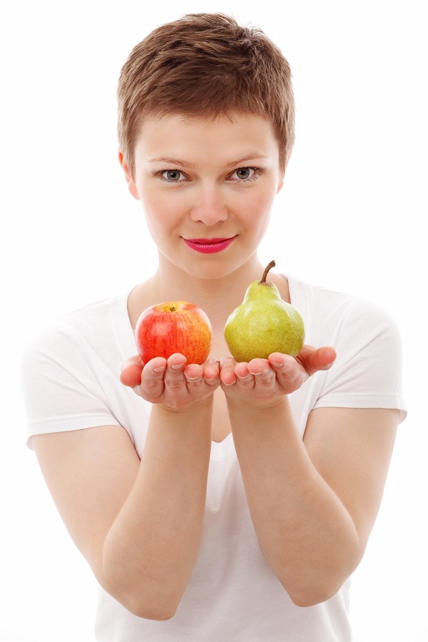 apple, diet, face, food, fresh, fruit, girl, isolated, head, health, healthy, pear, people, white, woman, young, diet, diet, health, health, health, health, health, people